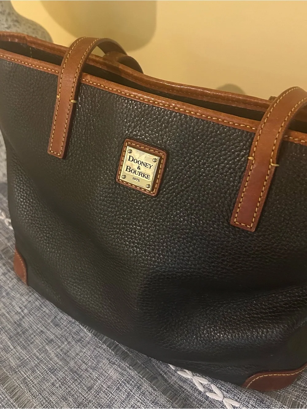 Dooney & Bourke Black Pebbled Leather Shoulder Tote with Brown Trim
